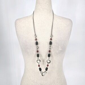 Lia Sophia Opera Length Long Necklace Silver Tone Black Red Beads Statement 40"